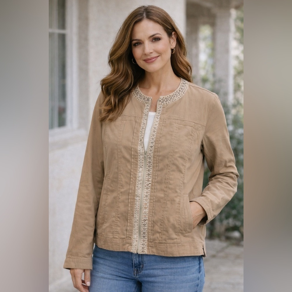 Chico’s Tan Embroidered Trim Lightweight Jacket | Cotton Blend | Size 2 = Sz 12